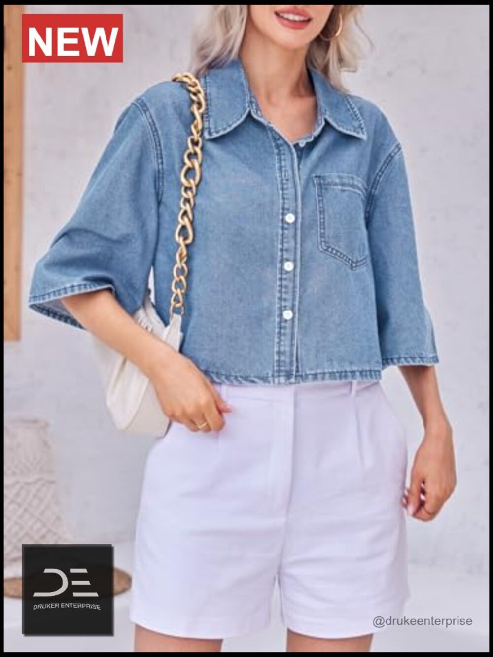 Crop Denim Jacket Half Sleeve Button Down Short Jean Jacket with Pocket - Picture 4 of 7